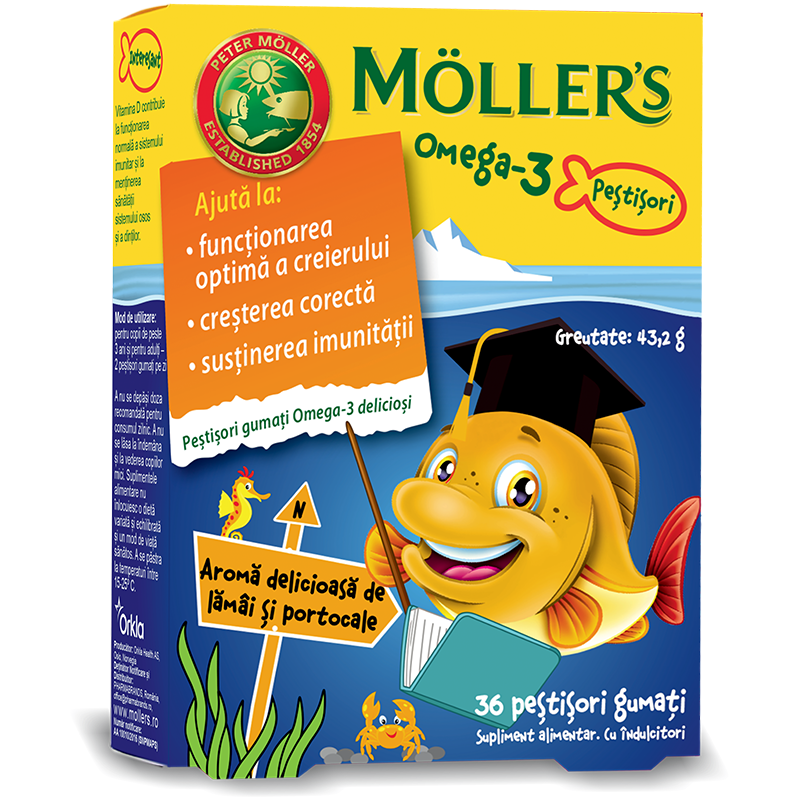 Pestisori gumati cu Omega-3 si aroma de lamai si portocale, 36 jeleuri, Moller's