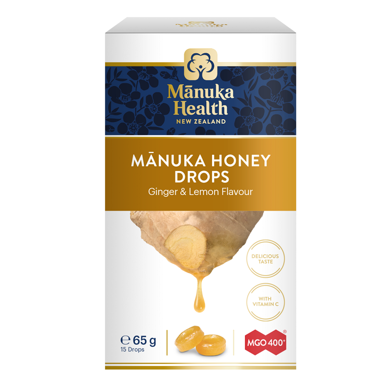 Bomboane cu miere de Manuka MGO 400+ si aroma naturala de ghimbir si lamaie, 65 g, Manuka Health 