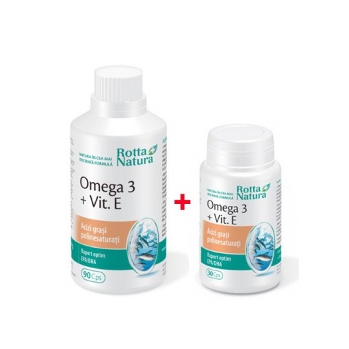 Pachet Omega 3 + Vitamina E, 1000 mg, 90 + 30 capsule, Rotta Natura
