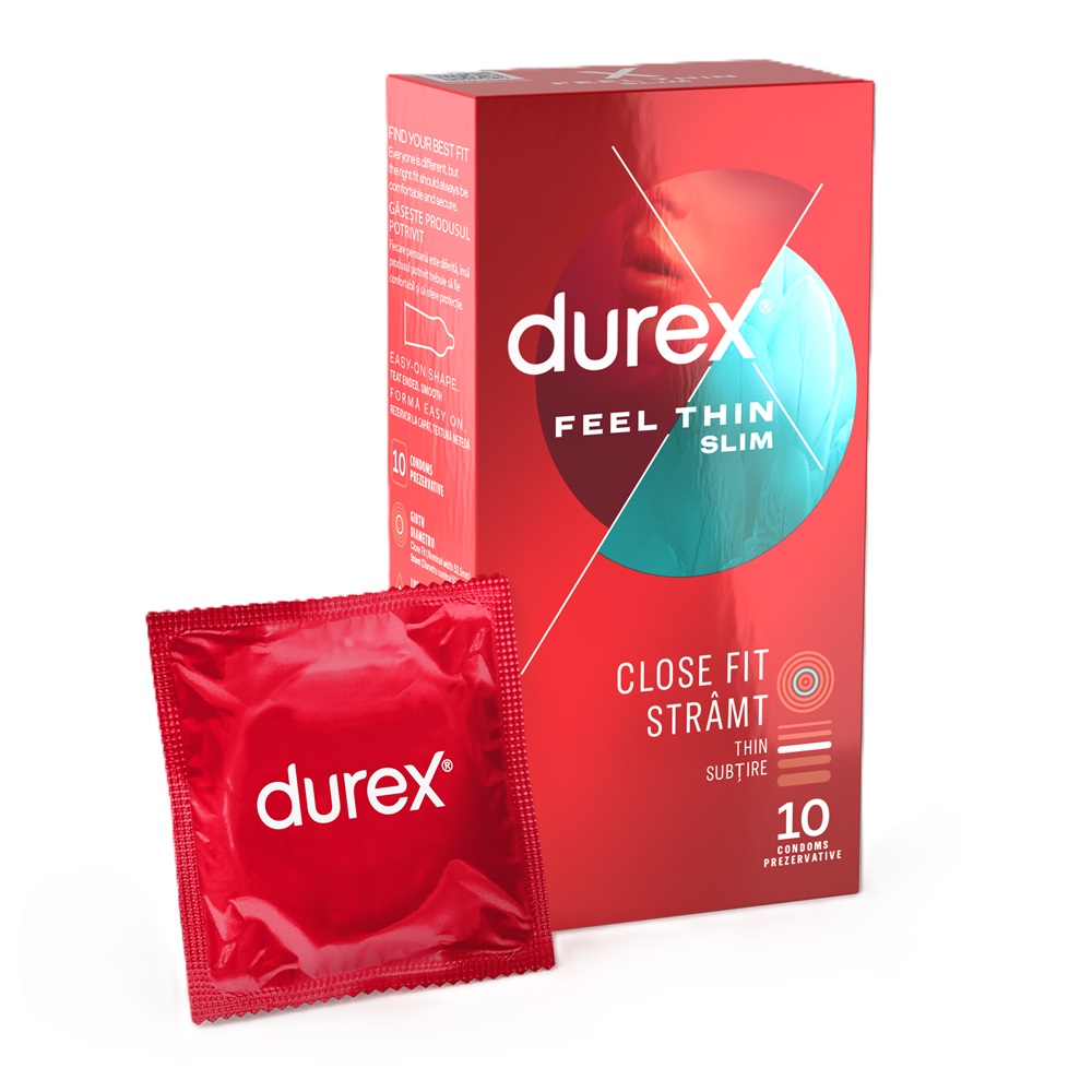 Prezervative Feel Thin Slim Fit, 10 bucati, Durex