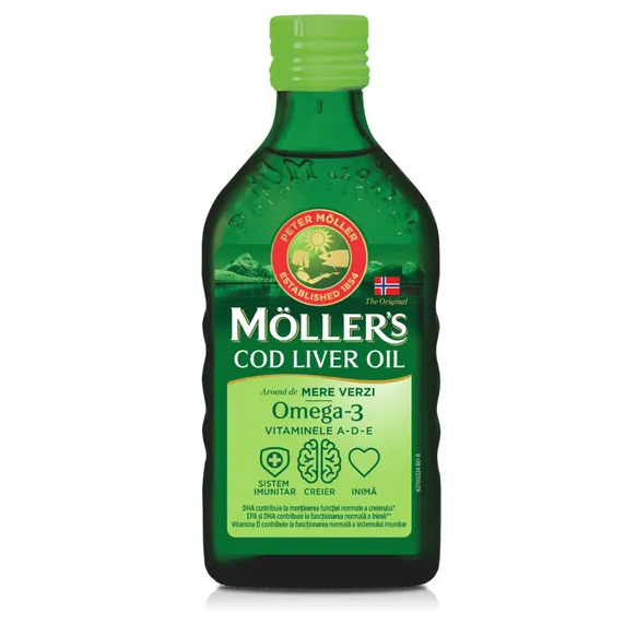 Omega 3 Ulei din ficat de cod cu aroma mere verzi, 250 ml, Moller's