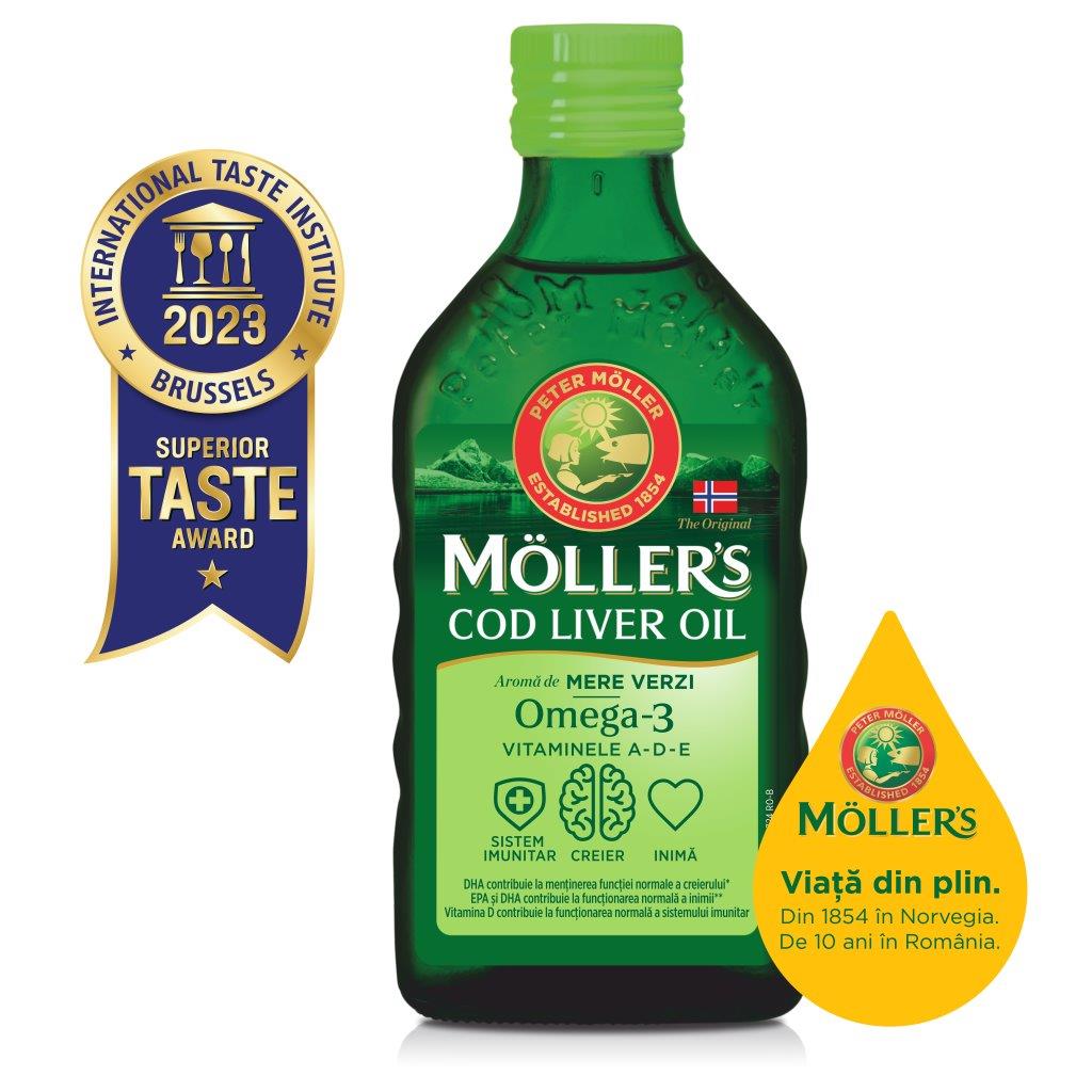 Omega 3 Ulei din ficat de cod cu aroma mere verzi, 250 ml, Moller's