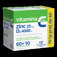 Vitamina C 1000 mg + Zn 25 mg + D3 4000UI, 60 + 10 comprimate filmate, Fiterman
