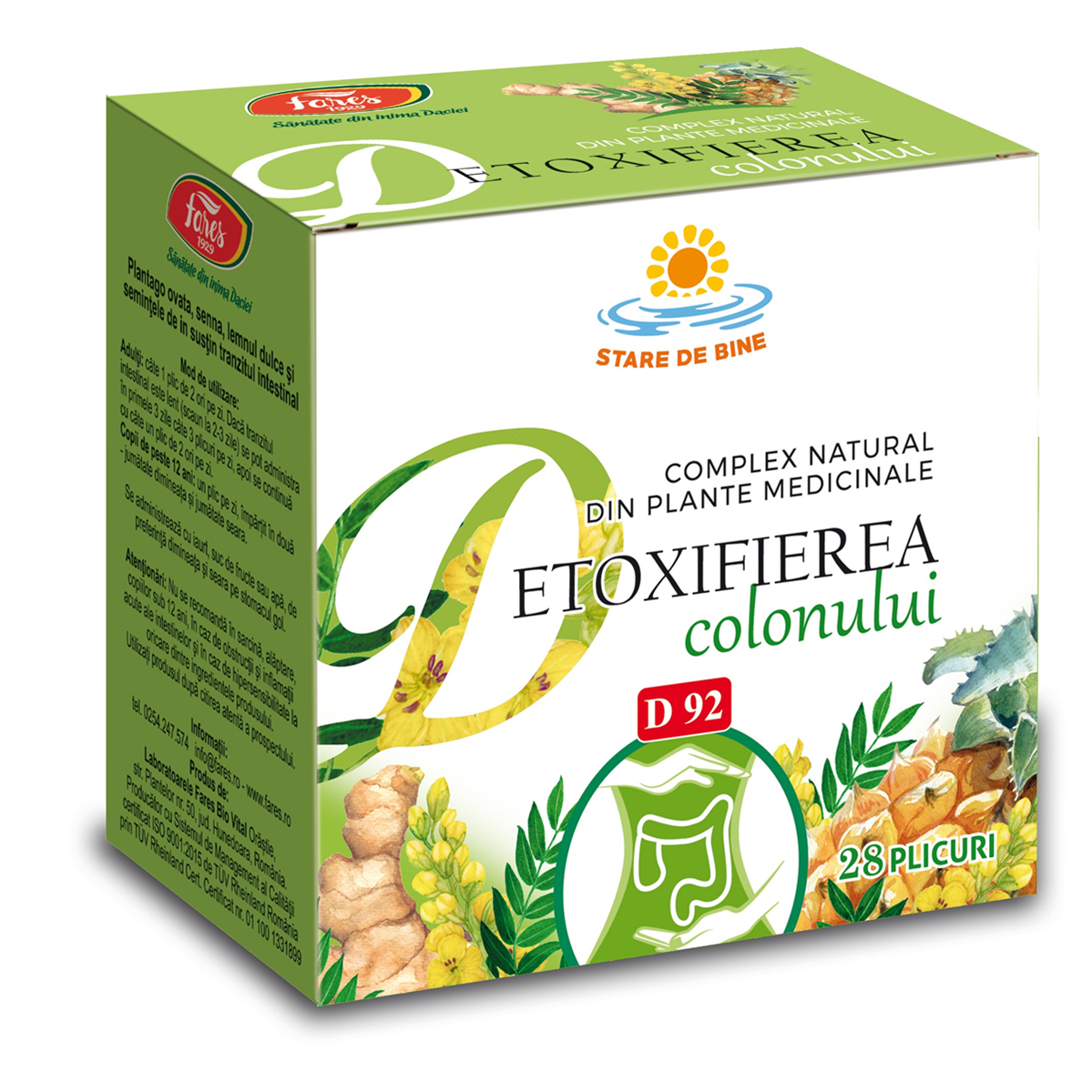 Complex natural din plante medicinale Detoxifierea colonului, D92, 28 plicuri, Fares