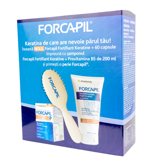 Pachet Forcapil Fortifiant Keratine +, 60 capsule vegetale + Forcapil sampon fortifiant, 200 ml + Perie, Arkopharma