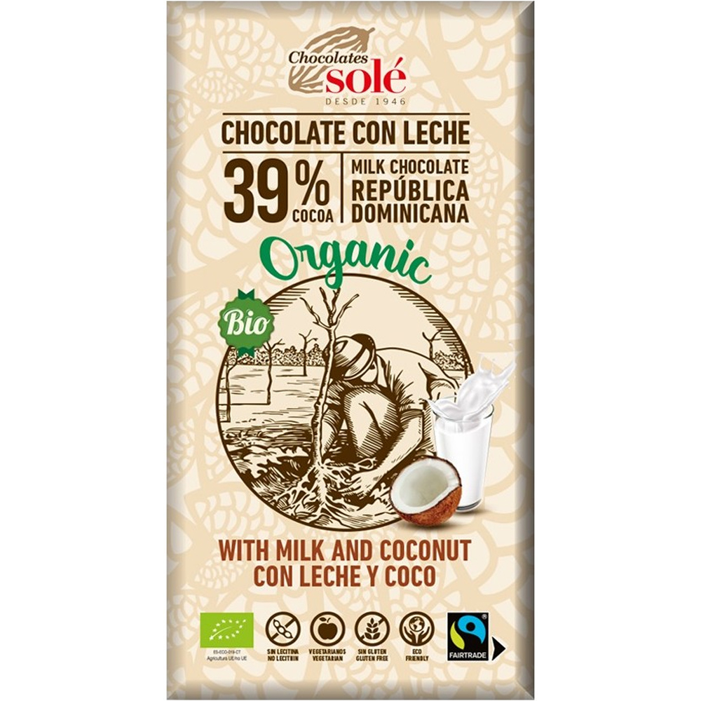 Ciocolata Bio cu lapte si coco si Fairtrade 39% cacao, 100 gr
