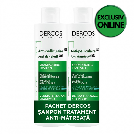Pachet Şampon anti-mătreață pentru păr normal-gras Dercos, 200 ml + 200 ml, Vichy