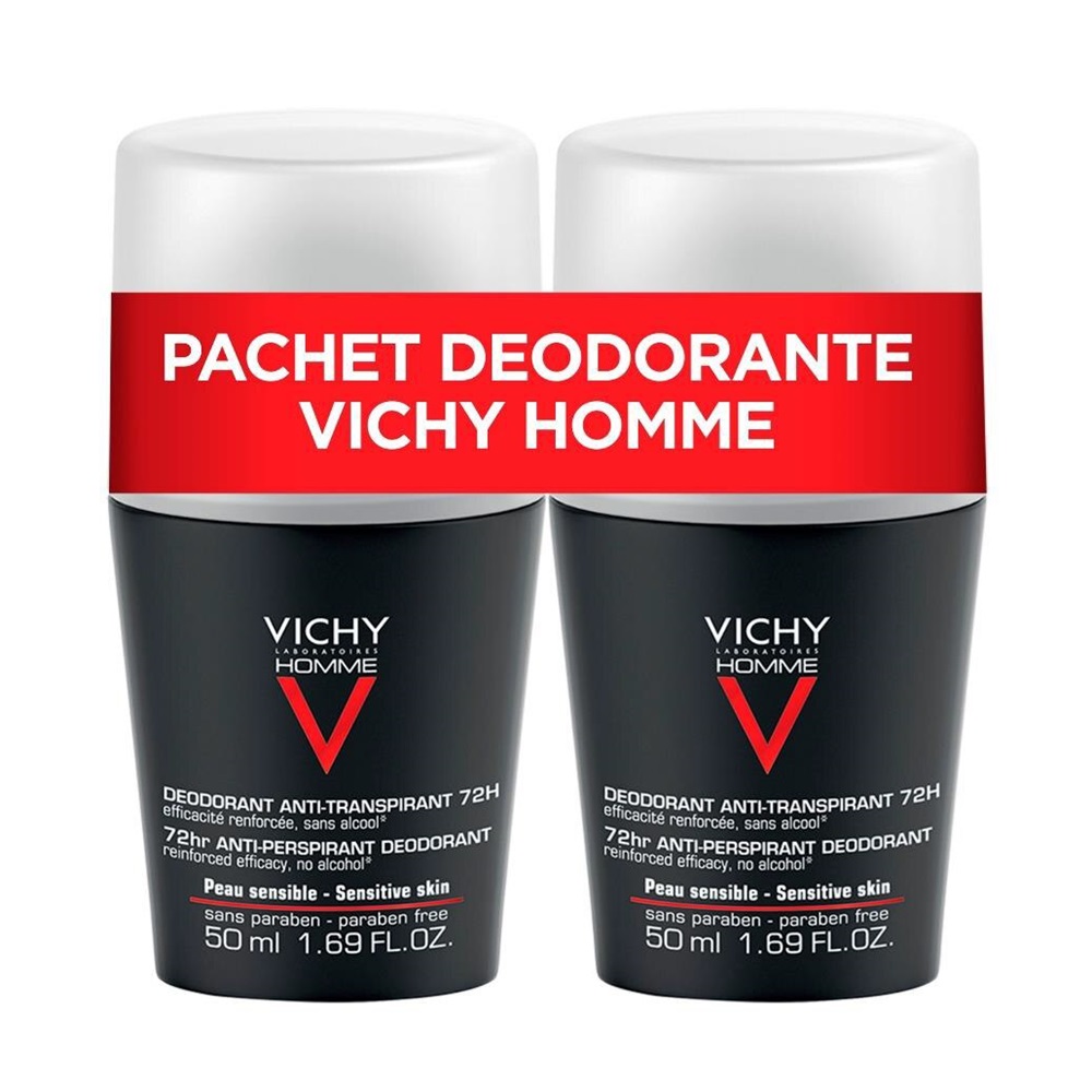 Pachet Deodorant roll-on antiperspirant pentru barbati eficacitate 72h, 50 ml + 50 ml, Vichy