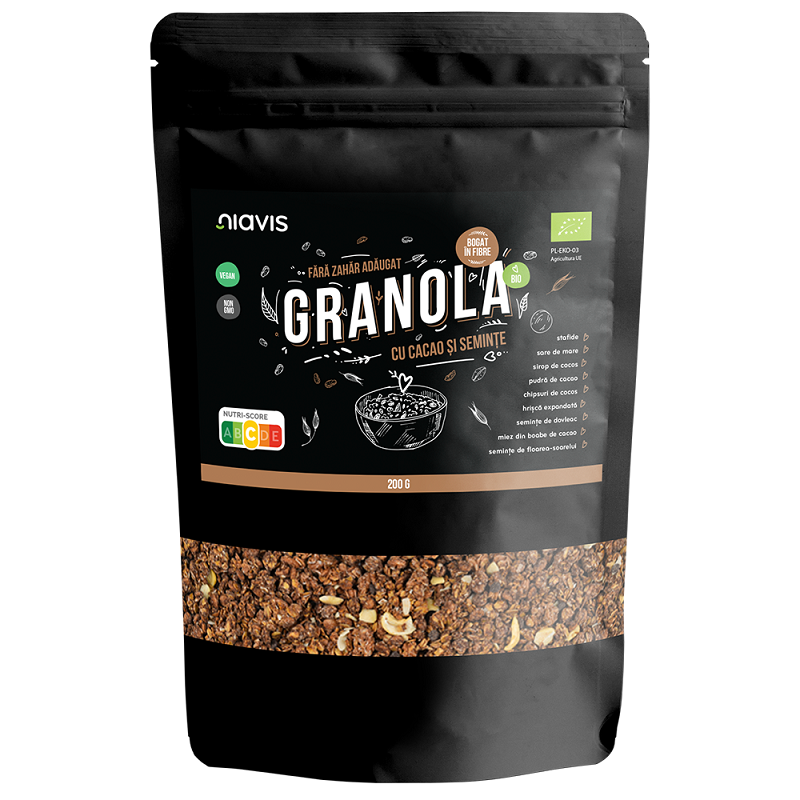 Granola Eco cu cacao si seminte, 200 g, Niavis