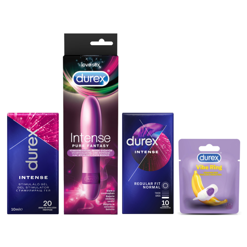 Intense Pure Fantasy, 1 bucata + Inel Intense Vibrations, 1 bucata + Gel Intense Stimulating, 10 ml + Prezervative Intense, 10 bucati, Durex