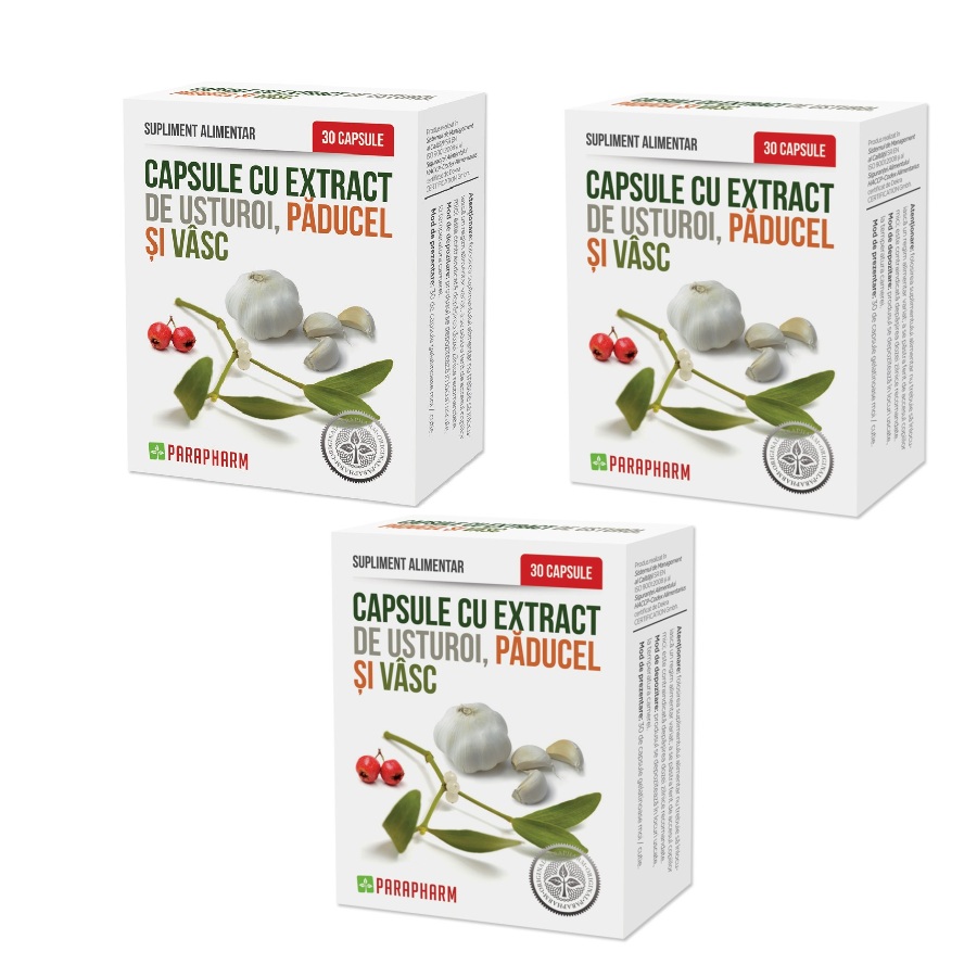 Pachet Capsule cu extract de Usturoi cu Paducel si Vasc, 30 capsule (2+1), Parapharm