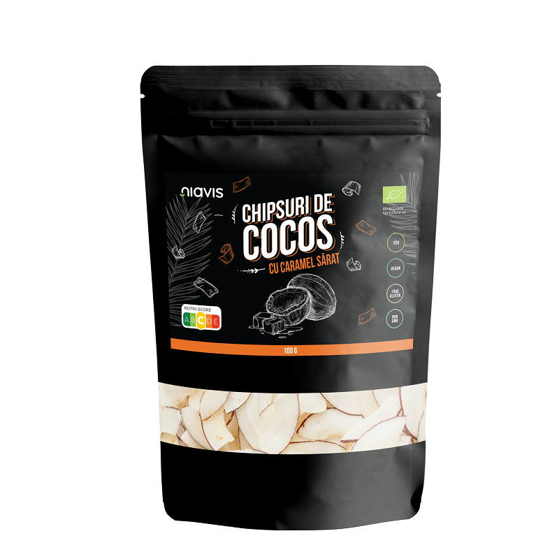 Chipsuri Eco de cocos cu caramel sarat, 100g, Niavis