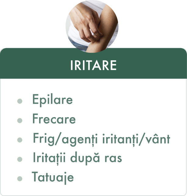 IRITARE
- Epilare
- Frecare
- Frig/agenți iritanți/vânt
- Iritații după ras
- Tatuaje