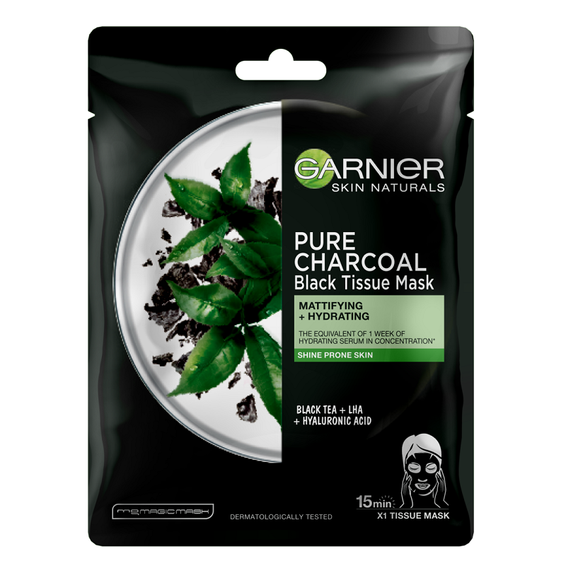 Masca servetel cu ceai negru Pure Charcoal Skin Naturals, 28 g, Garnier
