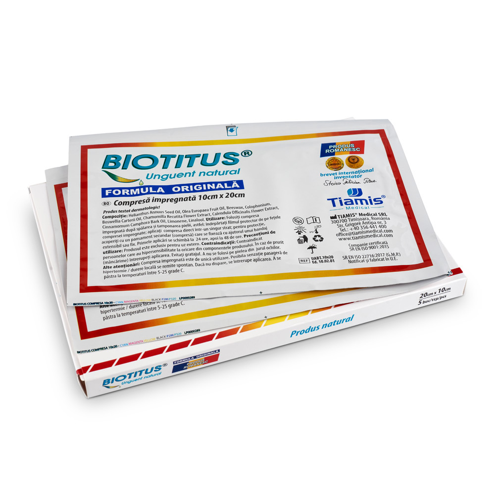 Compresa impregnata Biotitus, 10 cm x 20 cm, 5 bucati, Tiamis Medical
