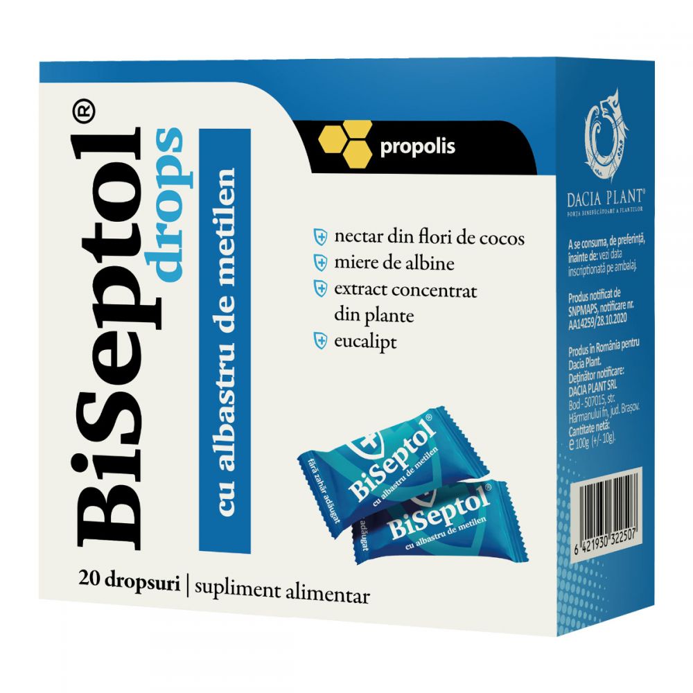 BiSeptol drops cu propolis si albastru de metilen, 20 bucati, Dacia Plant