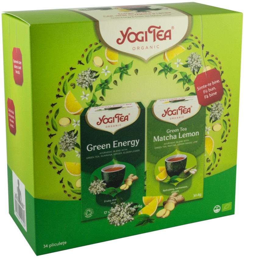 Pachet Ceai Bio Energie Verde + Ceai Bio verde matcha cu lÄƒmÃ¢ie, 17 plicuri + 17 plicuri, Yogi Tea