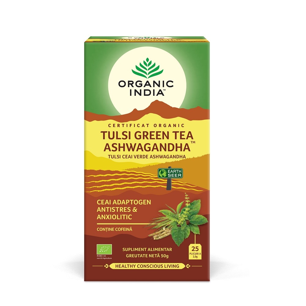Ceai Bio Tulsi Ashwagandha si Ceai Verde, 25 plicuri, Organic India