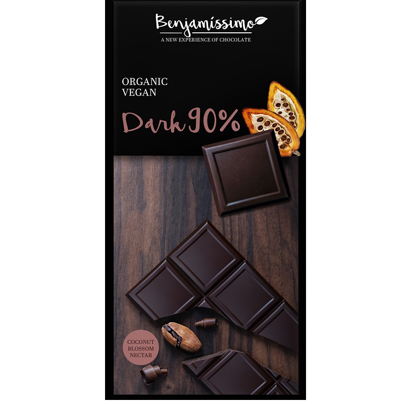 Ciocolata neagra Bio 90% cacao fara gluten, 70 gr, Benjamissimo