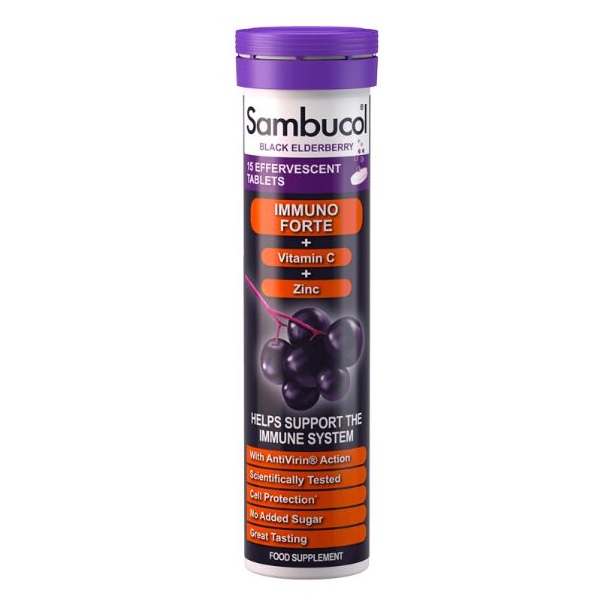Comprimate efervescente cu soc negru, vitamina C si zinc Immuno Forte, 15 comprimate, Sambucol