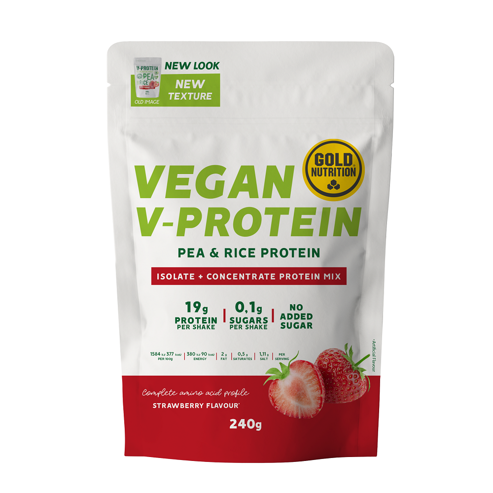 Pudra Proteica Vegetala V-Protein Capsuni , 240 g, Gold Nutrition