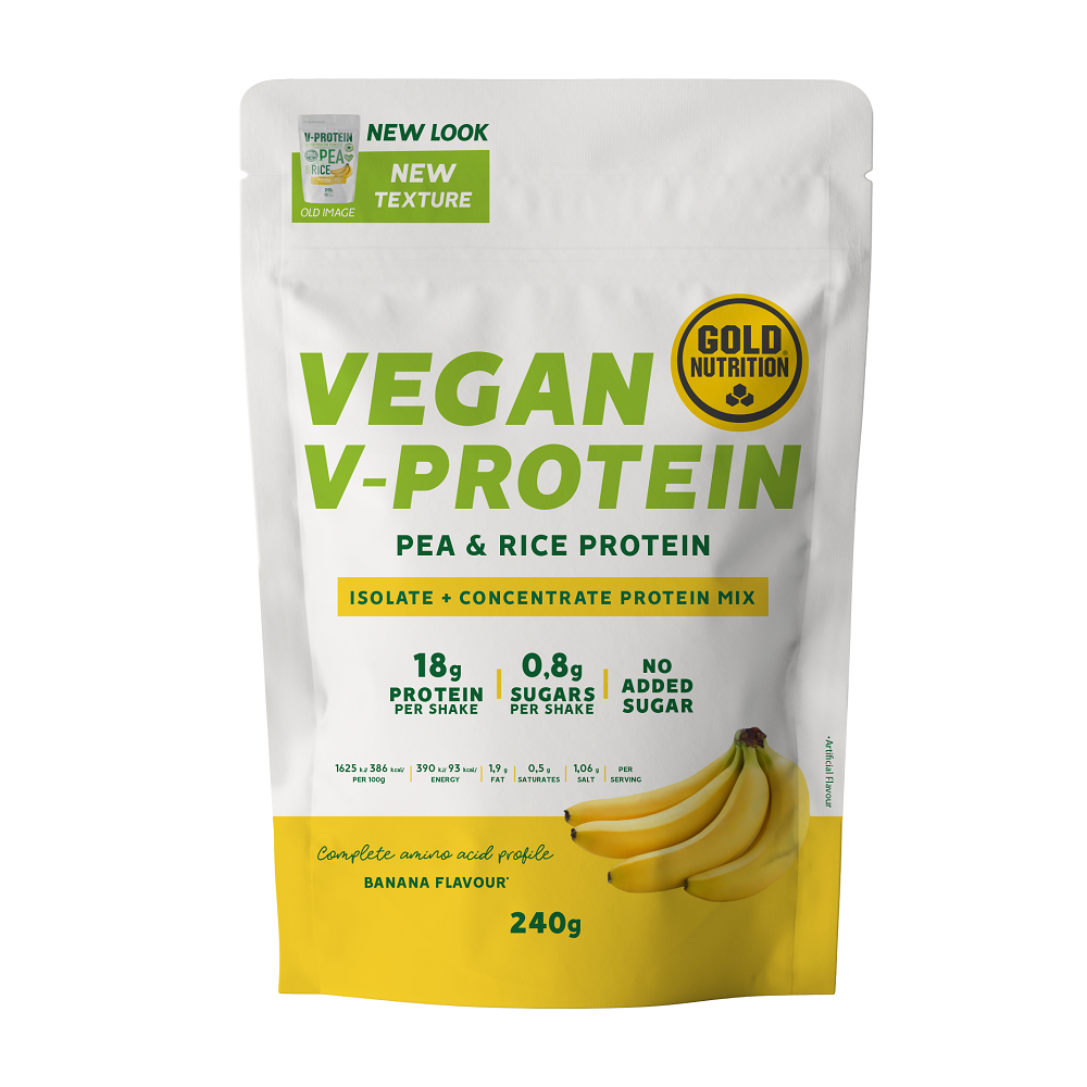 Pudra proteica vegetala V-Protein, Banana, 240 g, Gold Nutrition