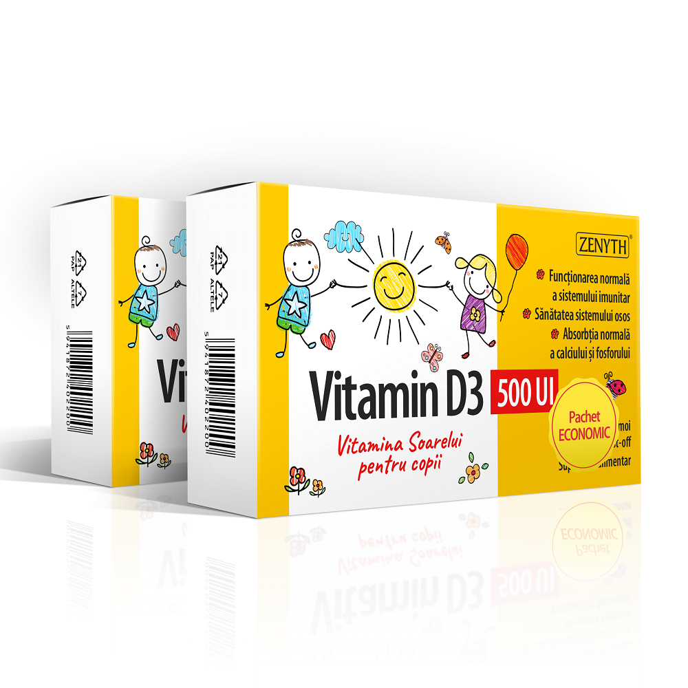 Pachet Vitamina D3 500 UI pentru copii, 30 + 30 capsule, Zenyth