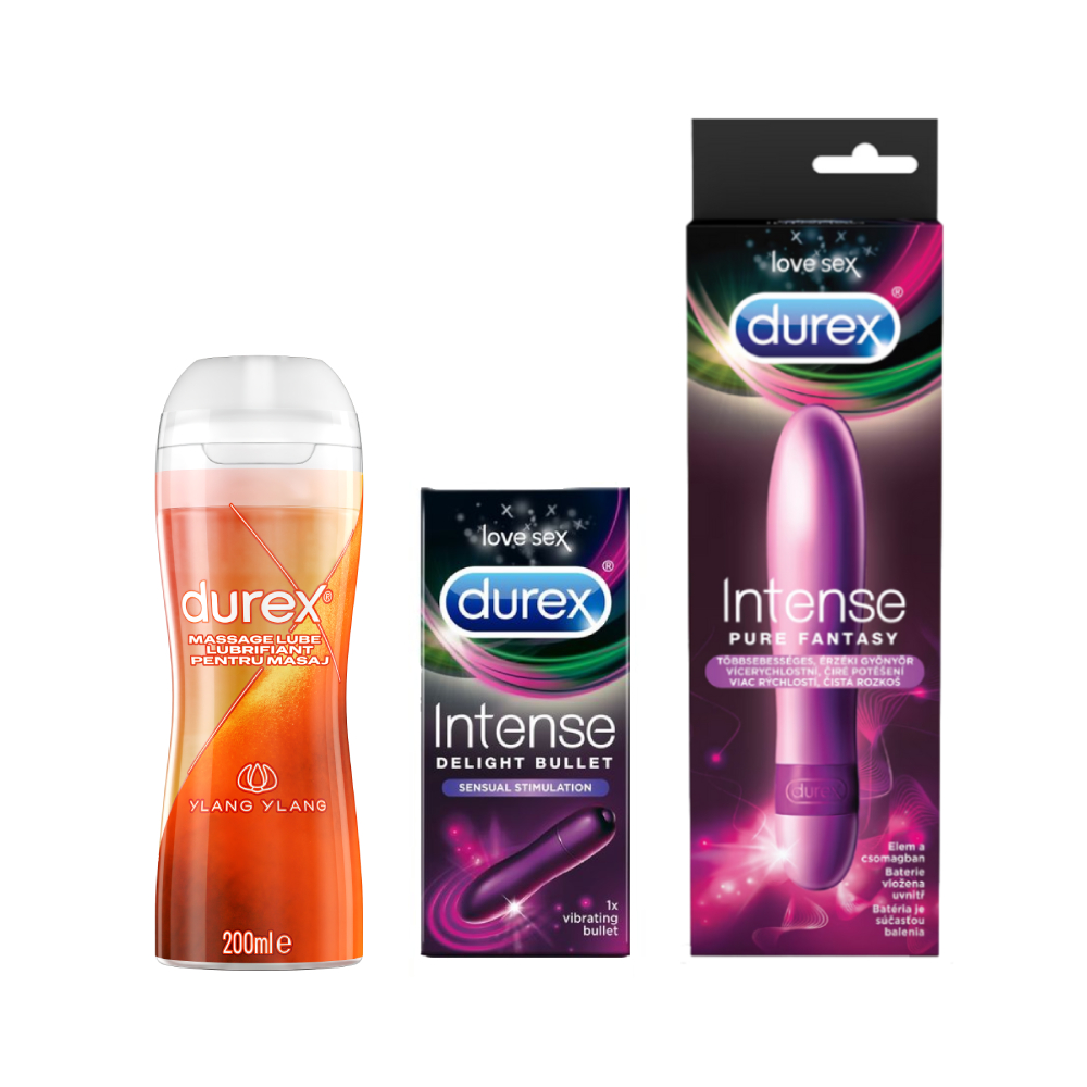 Pachet Vibrator Pure Fantasy + Bullet + Gel Massage Ylang, 200 ml, Durex