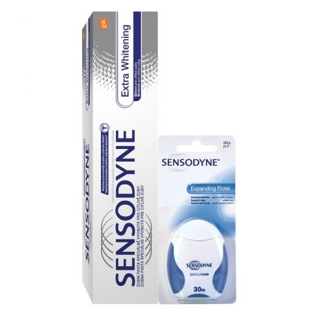 Pachet Pastă de dinți Extra Whitening Sensodyne, 100 ml + Ață dentară Expanding Floss Sensodyne, 30 m, Gsk