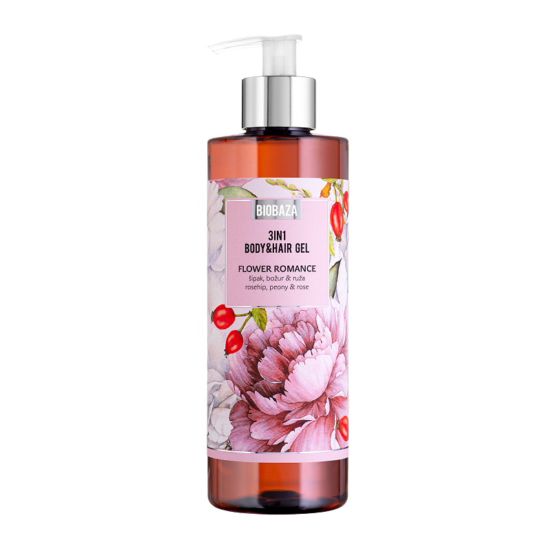 Sampon si gel de dus cu parfum de trandafir si extract de bujor, Flower Romance, 400 ml, Biobaza
