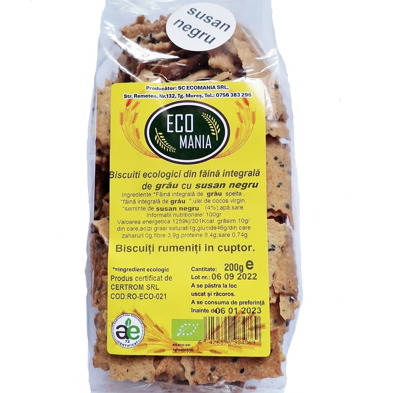 Biscuiti bio integrali cu seminte de susan negru, 200 g, Ecomania