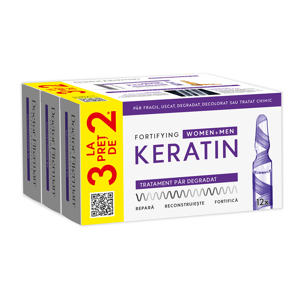 Pachet Tratament pentru par fragil Fortifying Keratin, 3 x 12 fiole, Doctor Fiterman