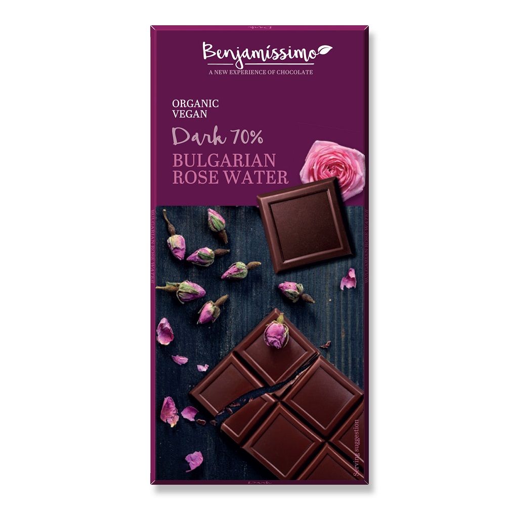 Ciocolata cu apa de trandafir bio, 70 g, Benjamissimo