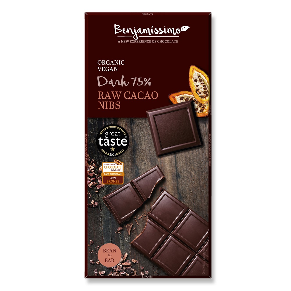 Ciocolata bio cu cacao nibs, 70 g, Benjamissimo