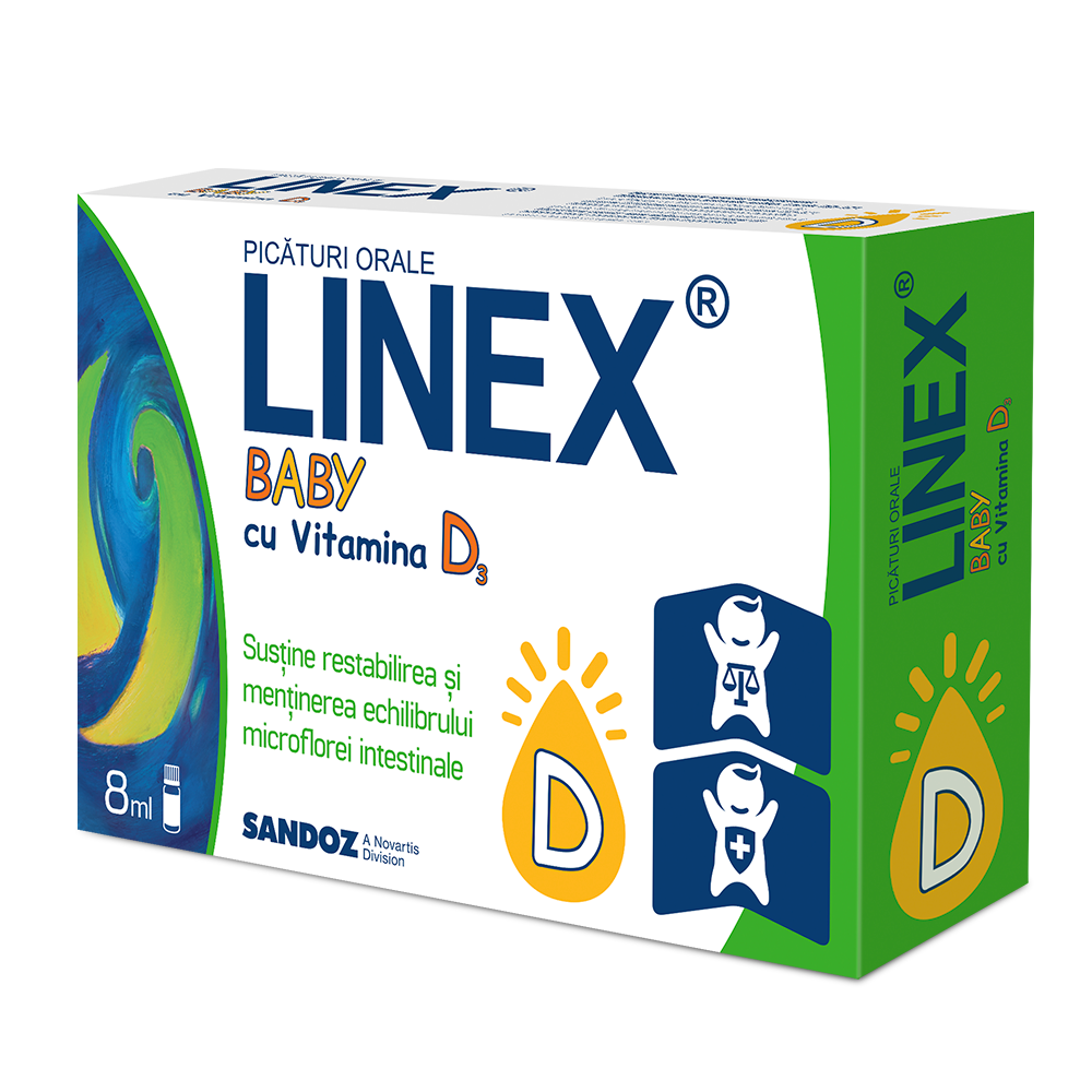 Linex Baby cu Vitamina D3 picÄƒturi orale, 8 ml, Sandoz