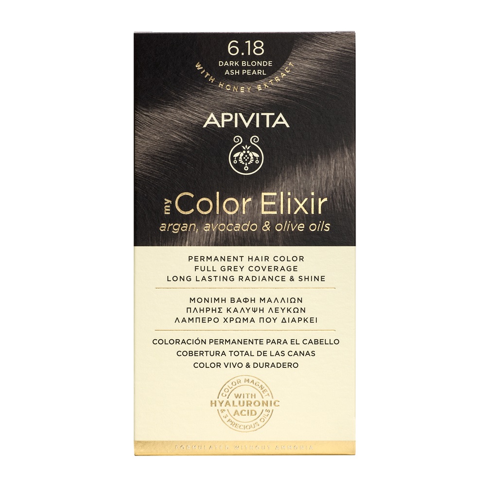 Vopsea de par My Color Elixir, Dark Blonde Ash Pearl N6.18, 155 ml, Apivita