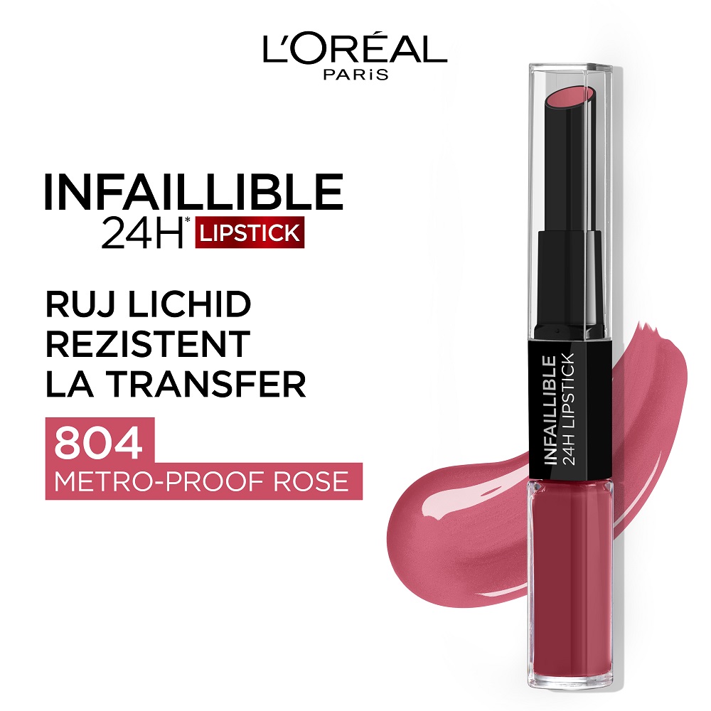 Ruj lichid rezistent la transfer Infaillible Long Lasting Parisian Nudes 804 Metro-Proof Rose, 5.6 ml, LOreal 555672