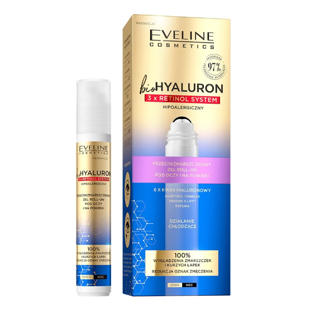 Roll-on pentru ochi Bio Hyaluron 3 x Retinol System, 15 ml, Eveline Cosmetics