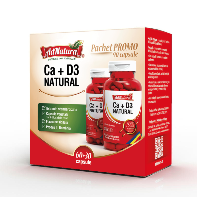 Pachet Calciu + D3 natural, 60 + 30 capsule, AdNatura