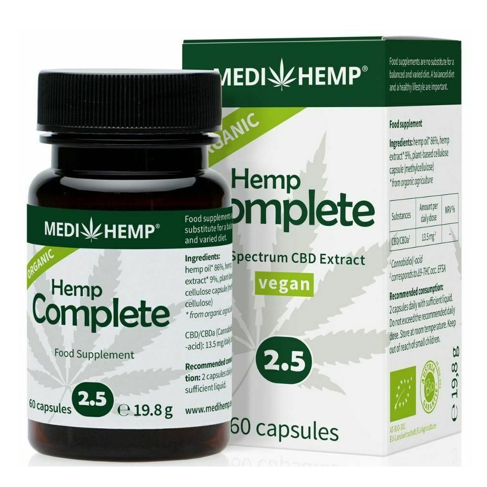 Ulei de canepa bio Hemp Complete, 2.5% CBD, 60 capsule, Medihemp