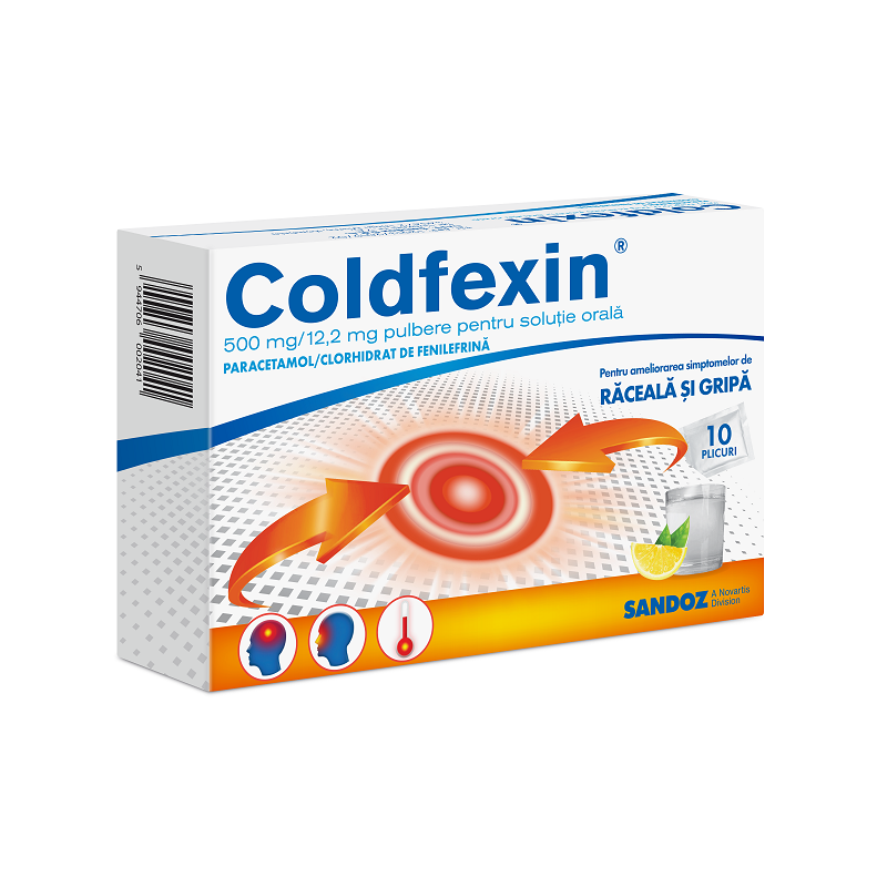 Coldfexin, 500 mg/12,2 mg pulbere pentru soluție orală, 10 plicuri, Sandoz