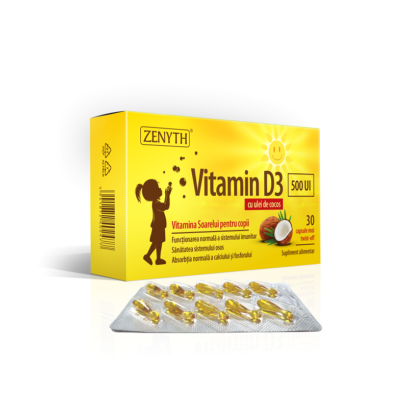 Vitamina D3 pentru copii, 500 UI, 30 capsule, Zenyth