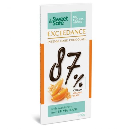 Ciocolata neagra 87% cu portocale Sweet & Safe, 90 g, Sly Nutritia