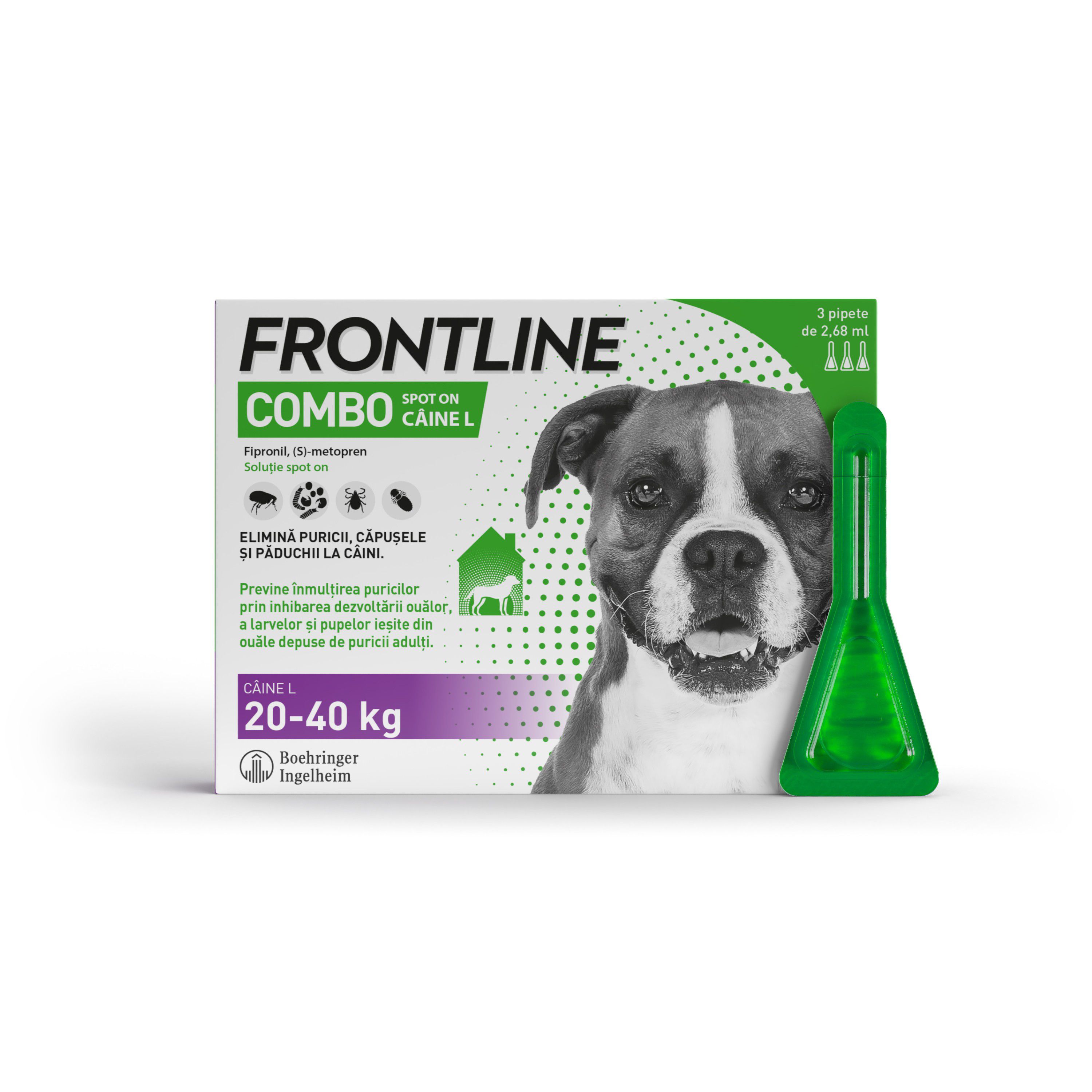 Frontline Combo Spot On câine L-pipetă verde de 2,68 ml, 3 pipete, Frontline