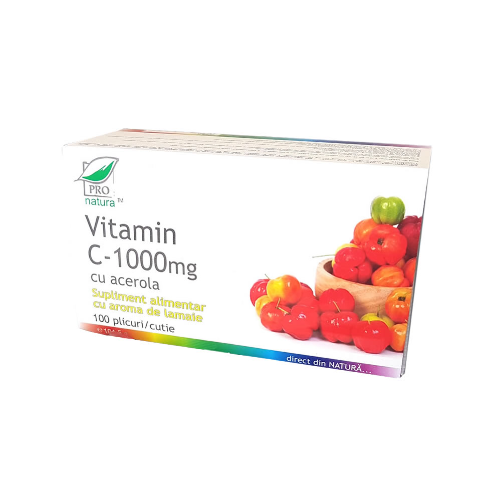 Vitamina C cu acerola si lamaie 1000 mg, 100 plicuri, Pro Natura