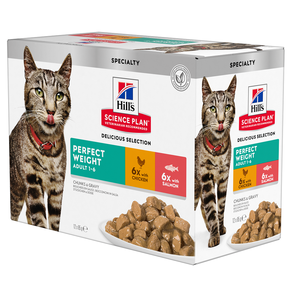 Multipack Hrana cu pui si somon pentru pisici Feline Adult Perfect Weight, 12 x 85 g, Hill’s SP