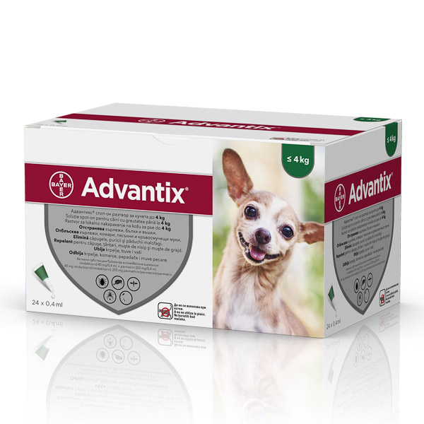 Solutie deparazitara pentru caini sub 4 kg Advantix 40, 24 pipete, Bayer Vet OTC