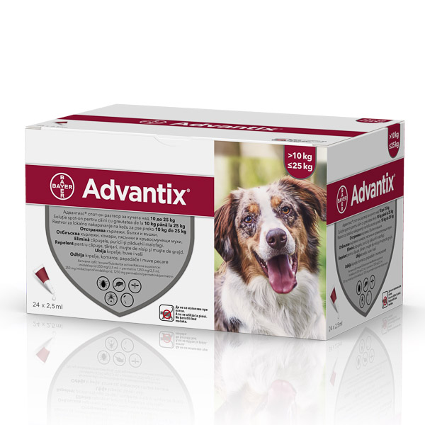 Solutie deparazitara pentru caini 10-25 kg Advantix 250, 24 pipete, Bayer Vet OTC