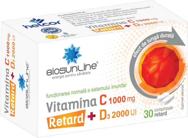 Vitamina C 1000 mg + D3 2000 UI Retard Biosunline, 30 comprimate, AC Helcor