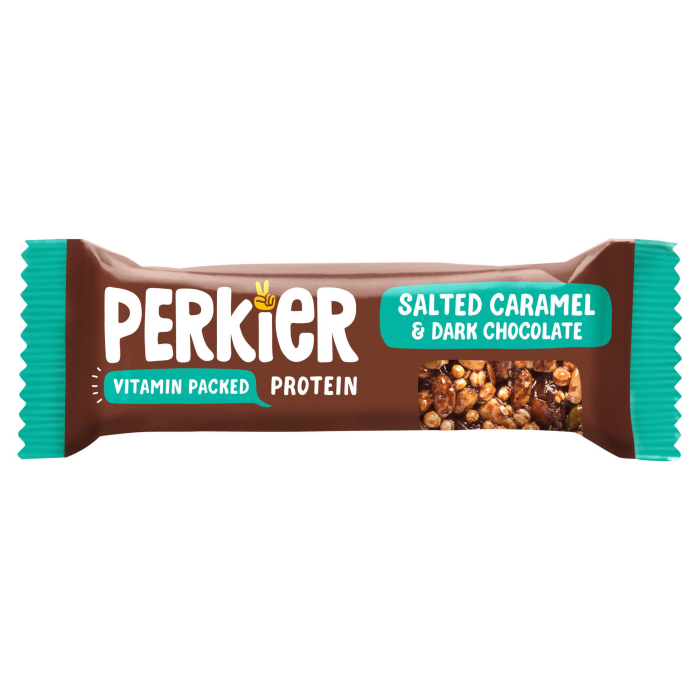 Baton Proteic cu Ciocolata Neagra si Caramel Sarat, 37 g, Perkier
